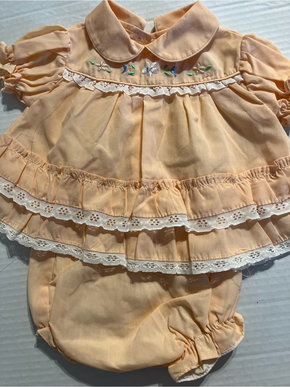 Vintage newborn Peach Smoked & Embroidered Baby Dress Set - Brand Unknown